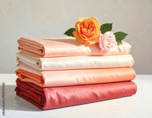 Fototapeta Folded fabric stack, flowers on top. Peach to red hues