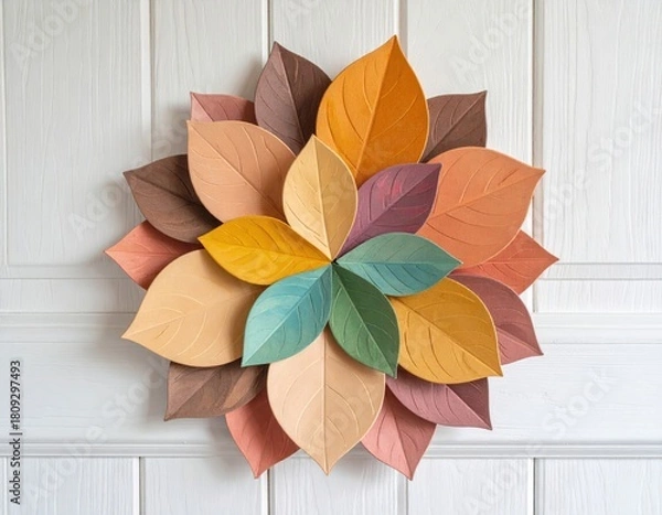 Fototapeta Colorful layered paper leaves form a radial arrangement