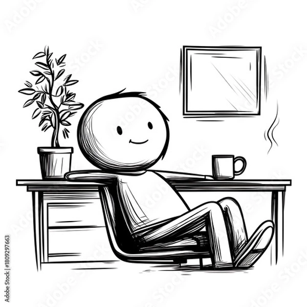 Fototapeta Happy doodle person enjoying a relaxing coffee break while comfortably leaning back in an office chair