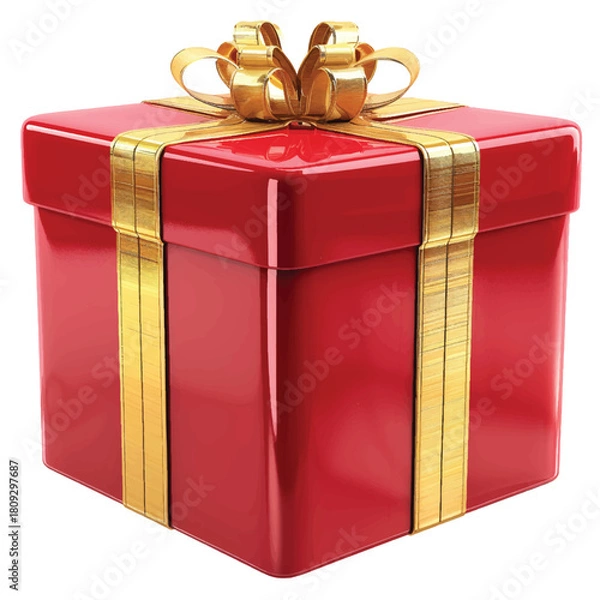 Fototapeta Shiny red gift box with elegant golden ribbon and bow, isolated on a clean white background, featuring glossy wrapping, festive holiday design, and high-quality studio lighting for celebration themes.