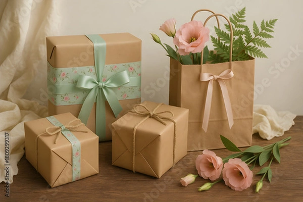 Obraz Elegant gifts wrapped in brown paper with pastel ribbons and delicate floral accents create a feeling of joy and anticipation for special occasions