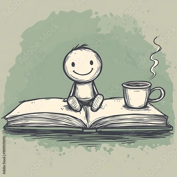 Obraz Happy stick figure person sitting comfortably on an open book with warm coffee