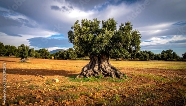 Obraz Gnarled ancient tree with exposed roots in a sunlit field under a cloudy sky, evoking age and resilience