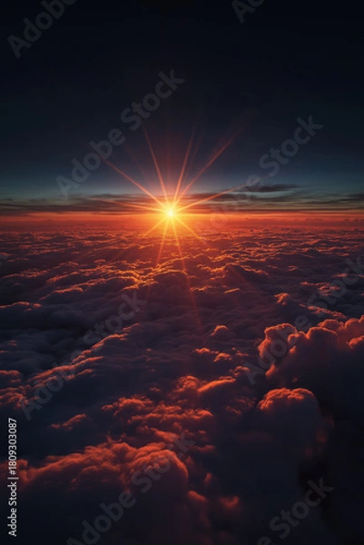 Obraz Golden-hour sunrise above sculpted atmospheric cloud layers, warm inner glow contrasting with cool blue shadows, intense central starburst flare