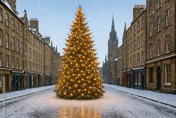 Fototapeta Decorated Christmas tree with golden lights on a snowy city street with historic buildings in winter