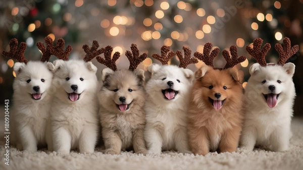 Obraz Row of white Pomeranian and Samoyed puppies with reindeer antlers