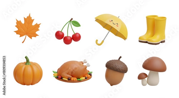 Fototapeta 3d render of autumn and thanksgiving elements set, isolated on transparent background