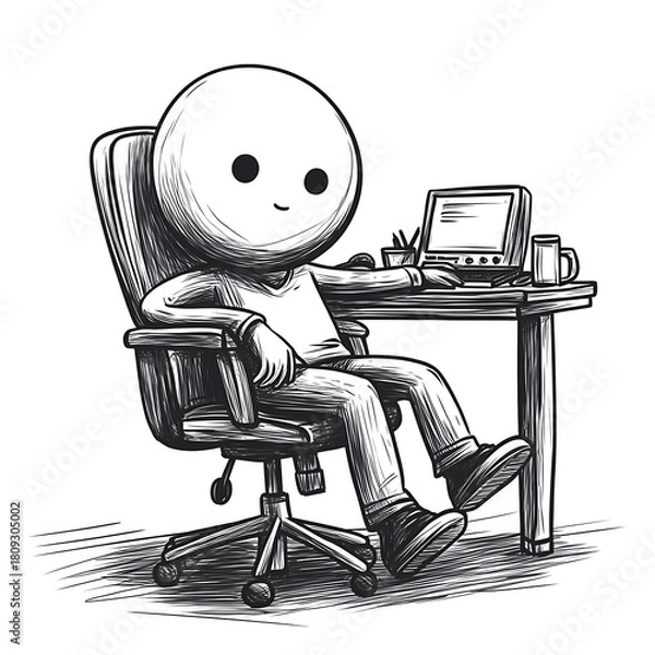 Obraz Optimistic Stick Figure Character Enjoying Productive Laptop Work in a Comfortable Office Chair