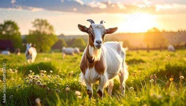 Obraz Goat grazes in sunny field. Horned animal stares forward in lush grass; golden light bathes the scene