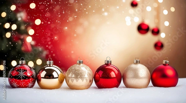 Fototapeta Festive Christmas Ornaments Displayed with Sparkling Lights and Snowflakes in Winter