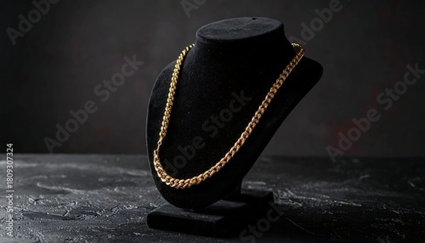 Obraz Gold chain necklace on a black velvet stand, against a dark textured background, lit from above