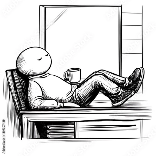 Obraz Peaceful Stick Figure Character Resting on a Window Sill with a Coffee Cup