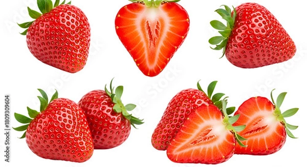 Fototapeta Fresh red strawberries, whole and sliced, with green leaves, isolated on transparent background