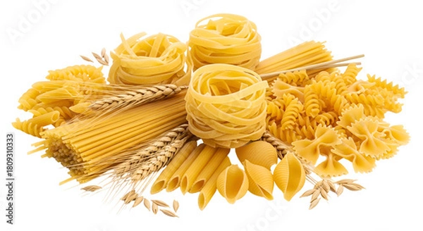 Fototapeta A diverse collection of dry pasta varieties fettuccine, spaghetti, penne, and wheat, isolated isolated on transparent background