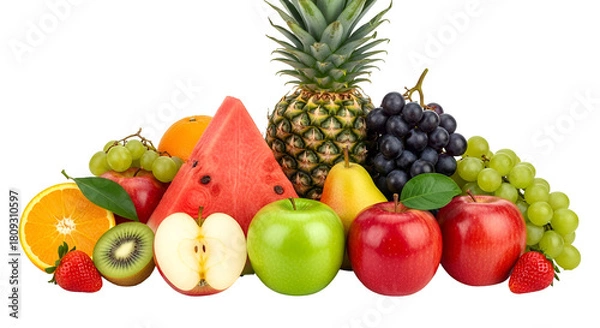 Fototapeta A vibrant and healthy assortment of fresh fruits pineapple, watermelon, apples, grapes, and berries, isolated isolated on transparent background