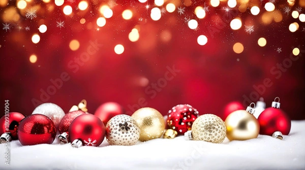 Fototapeta Festive Christmas Ornaments on Snow with Bokeh Lights and Red Background