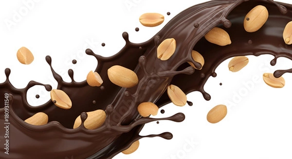 Fototapeta Dynamic splash of melted chocolate with falling roasted peanuts isolated on transparent background