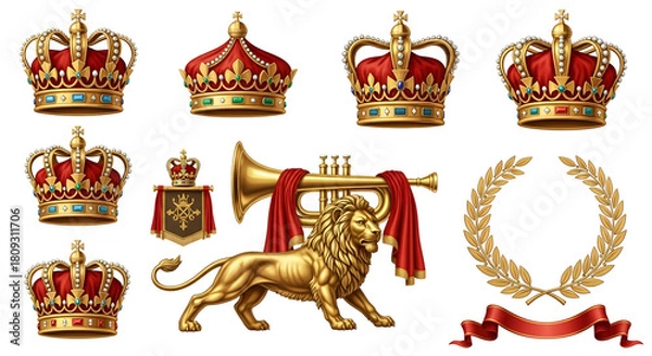 Fototapeta Royal symbols set with golden crowns, a lion, trumpet, shield, and laurel wreath isolated on transparent background