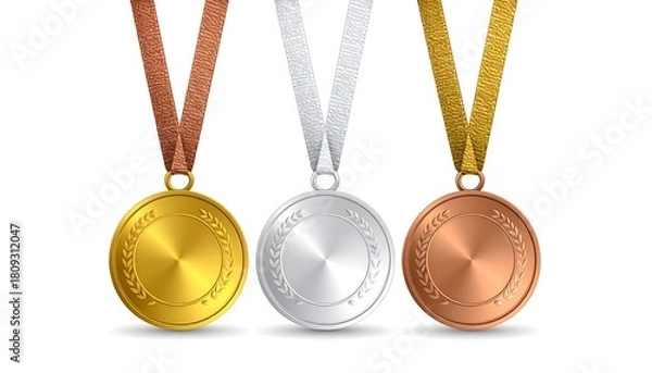 Obraz Gold, silver and bronze medals with ribbons stand against a white background, signifying success and achievement