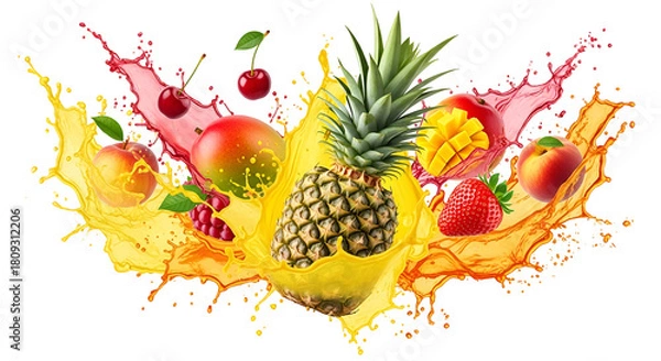 Fototapeta Vibrant tropical fruit splash with pineapple, mango, strawberry, cherry, peach, and grape isolated on transparent background