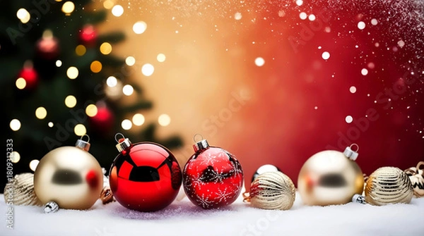 Fototapeta Festive Christmas Ornaments on Snow with Bokeh Lights and Red Gradient Background