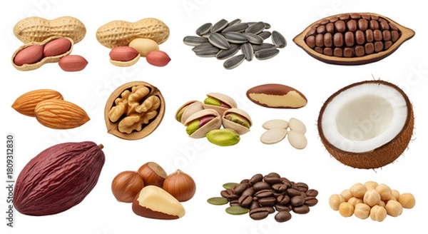 Fototapeta Large collection of healthy nuts, seeds, and cocoa beans, including peanuts, almonds, and coconut isolated on transparent background