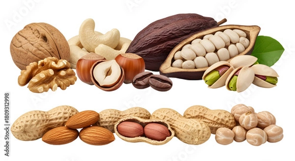 Fototapeta Assortment of healthy nuts and cocoa beans walnuts, cashews, hazelnuts, pistachios, peanuts isolated on transparent background