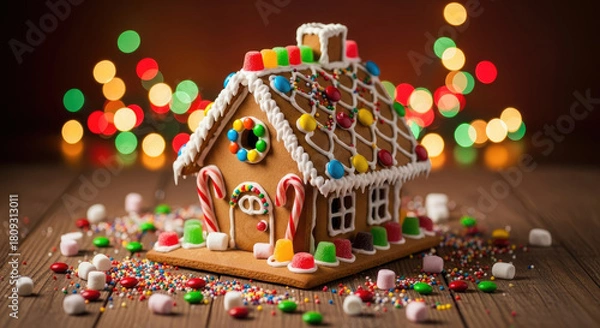Obraz Festive Gingerbread House Decorated with Colorful Candy and Icing.