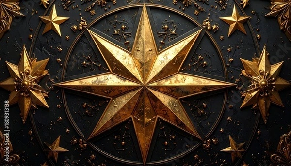 Obraz Gold star centerpiece with surrounding stars and floral designs against a dark, textured background