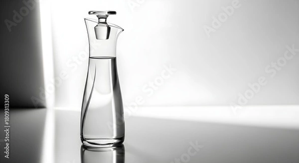 Obraz Elegant glass decanter with water on reflective surface and white background
