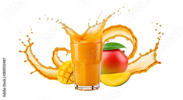 Fototapeta Dynamic mango juice splash in a glass with fresh whole and sliced mango fruit, isolated on white isolated on transparent background