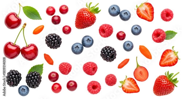 Fototapeta Fresh mixed berries strawberry, blueberry, raspberry, cherry, and blackberry, isolated on transparent background