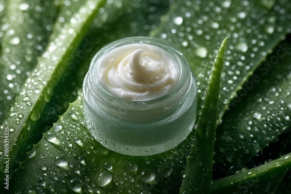 Fototapeta Top-Down View of Aloe Cream Surrounded by Fresh Leaves