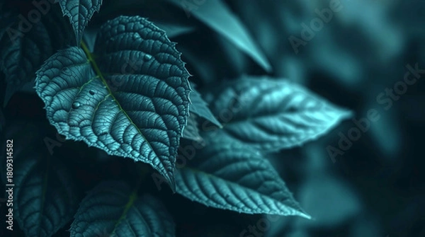 Obraz Deep Teal Leaves Dewy Botanical Texture Nature Green background