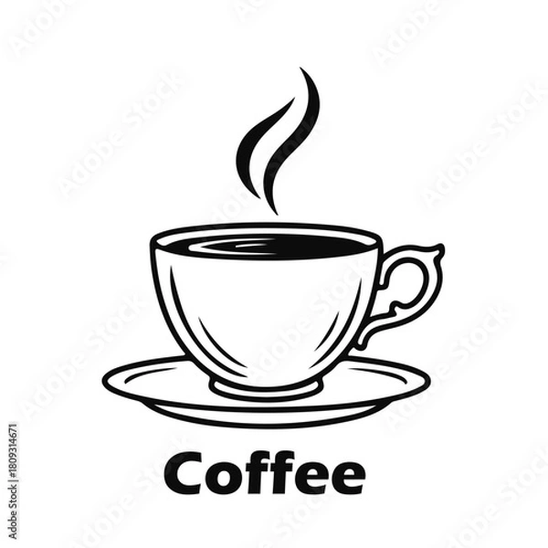 Obraz A cup of hot coffee with rising steam in a simple black and white style, a minimalist and cozy illustration of the drink. Hot coffee, coffee cup, steamed drink, morning drink, cafe art