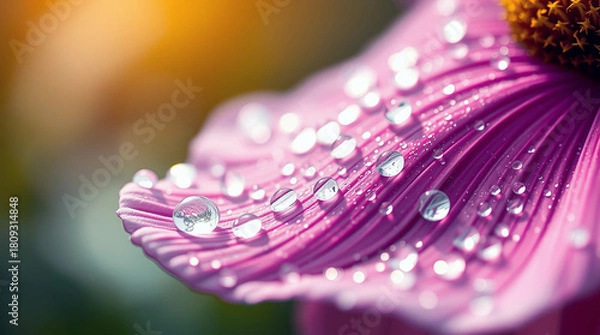 Obraz Vibrant Pink Flower Petal Adorned with Sparkling Water Droplets Under Golden Sunlight background