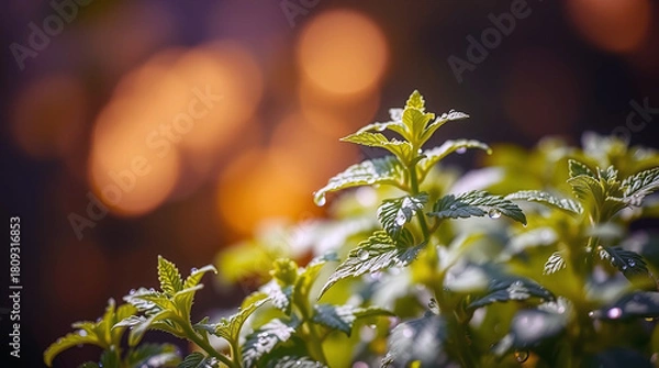 Obraz Fresh green leaves with water droplets and warm bokeh background background