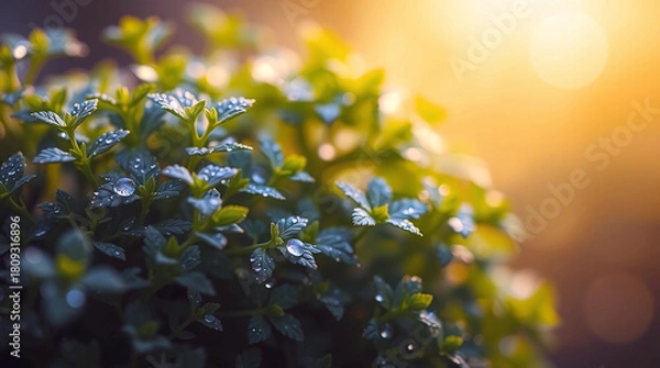 Obraz Vibrant Green Foliage Adorned with Dewdrops under Golden Sunlight background