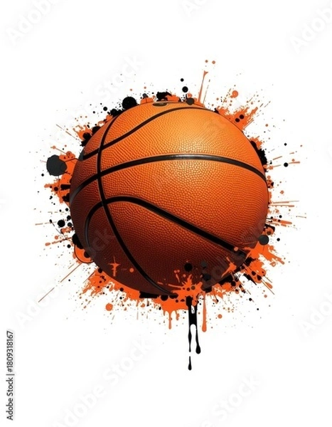 Fototapeta Streetball concept with a basketball exploding in a grunge splash of orange and black paint, isolated graphic element for sports design