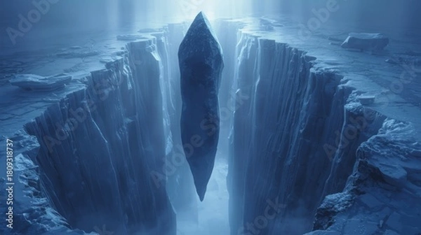 Fototapeta An enigmatic, levitating crystalline monolith suspended within a colossal, barren chasm illuminated by a single ray of light