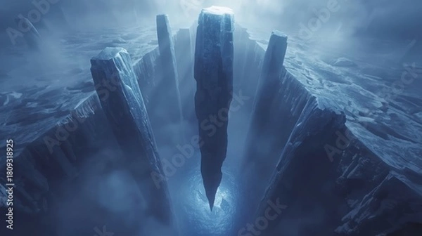 Fototapeta An otherworldly scene of a towering shard emerging from a deep, ethereal blue crevasse in a frozen landscape
