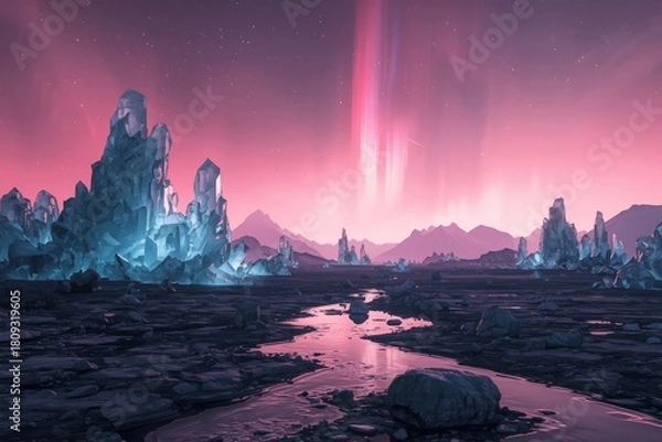 Fototapeta Surreal landscape of a frozen alien world with luminous blue ice spires and a magical pink aurora borealis
