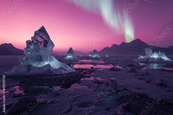Fototapeta A mystical winter landscape where glowing ice formations rise from a frozen lake under a magical purple sky with the aurora borealis