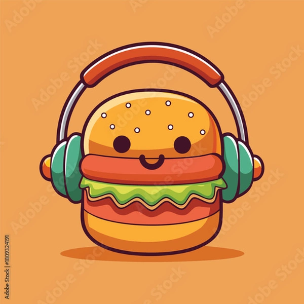 Obraz Cute cartoon burger character wearing headphones and smiling, representing music and food fusion