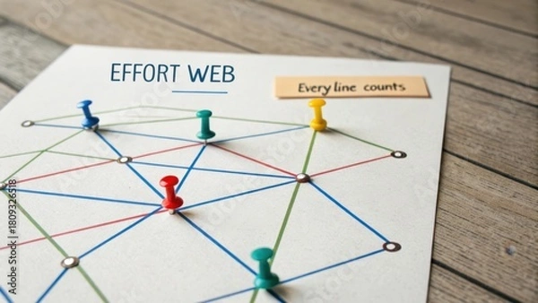 Fototapeta Diagram showing effort web concept with colored threads and pins