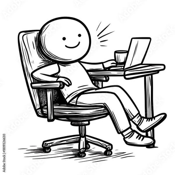 Fototapeta Communicative Stick Figure Person Actively Speaking During Video Call on Laptop with Coffee
