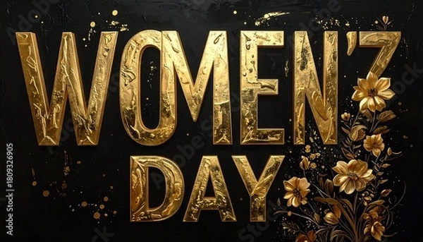Obraz Gold "WOMEN'Z DAY" text alongside stylized golden flowers against a dark, textured background with scattered gold flakes
