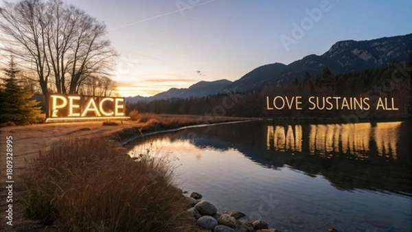 Fototapeta Evening Scene with Illuminated Words Reflected in Calm Water