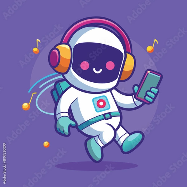 Fototapeta Cute cartoon astronaut character with headphones listening to music and holding a smartphone