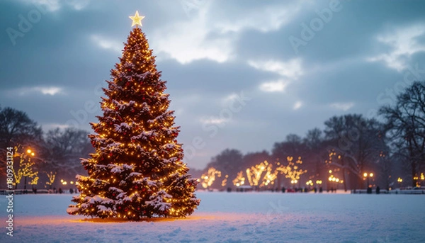 Fototapeta Outdoor Christmas Tree with Sparkling Lights in Snowy Evening — Holiday Event Photography